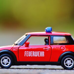 fire fighters, mini cooper, automobile, model car, red, blue light, vehicle, toy, toy car, toy, toy, toy, toy car, toy car, toy car, toy car, toy car